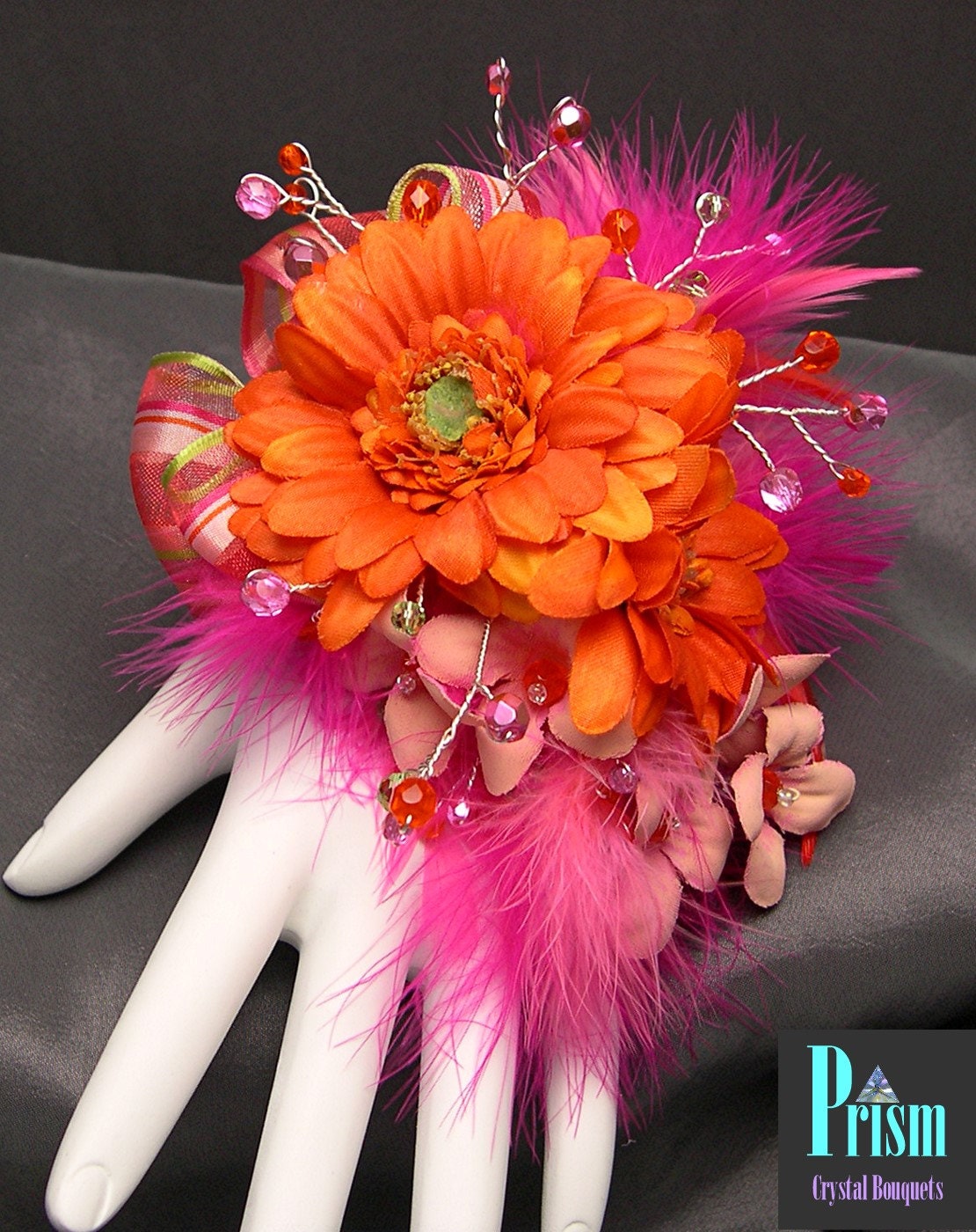 Feathered Hot Pink And Orange Wrist Corsage Set 