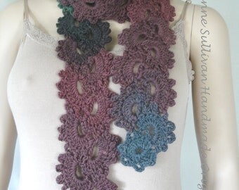 Queen Anne's Lace Scarf, Crocheted Lace Scarfette, Jewel Tone Lace Scarf, Multi Color Lace Scarfette