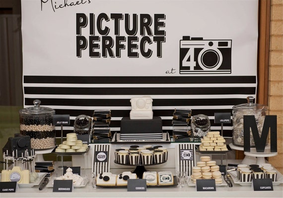 MODERN Black and White STRIPES Picture Perfect Birthday Party for men Printable Backdrop - you print Il_570xn