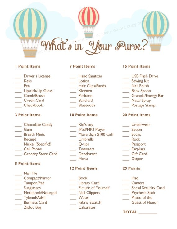 Instant Download What's In Your Purse Baby Shower Game Instant Download What's In Your Purse Baby Shower Game