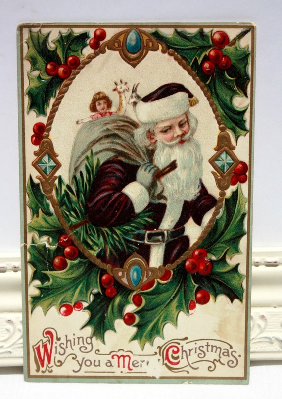 Antique Embossed Christmas Postcard Santa Claus by onestrangegirl