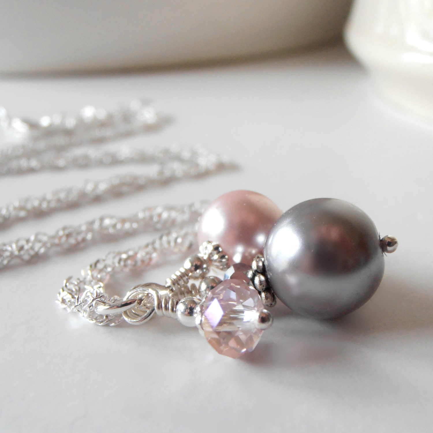 Pink and Gray Bridesmaid Jewelry Bead Cluster Necklace