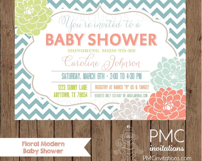 Custom Printed  Chevron Floral Baby Shower Invitations - 1.00 each with envelope