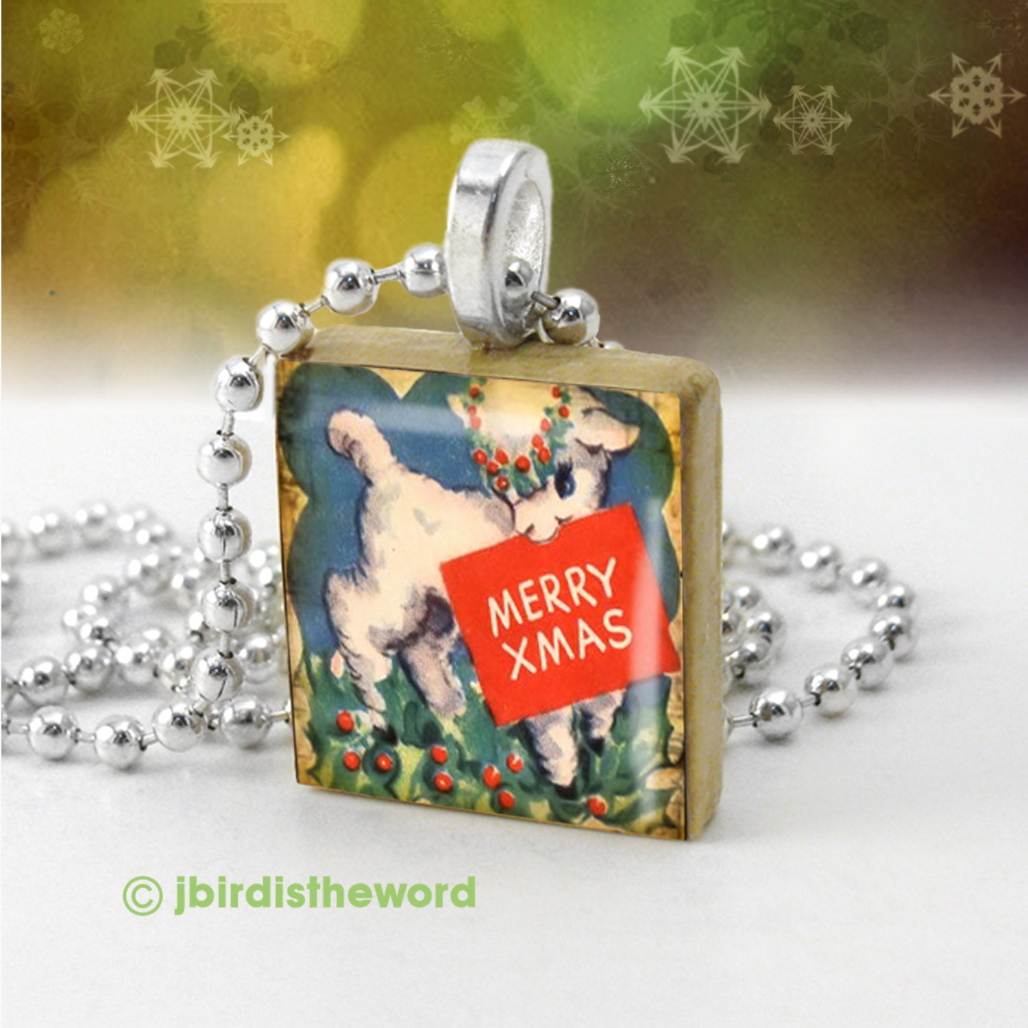 Merry Christmas Lamb scrabble pendant - Christmas Pendant - Christmas Necklace - Christmas Ornament - Christmas Jewelry - Gift Under 10