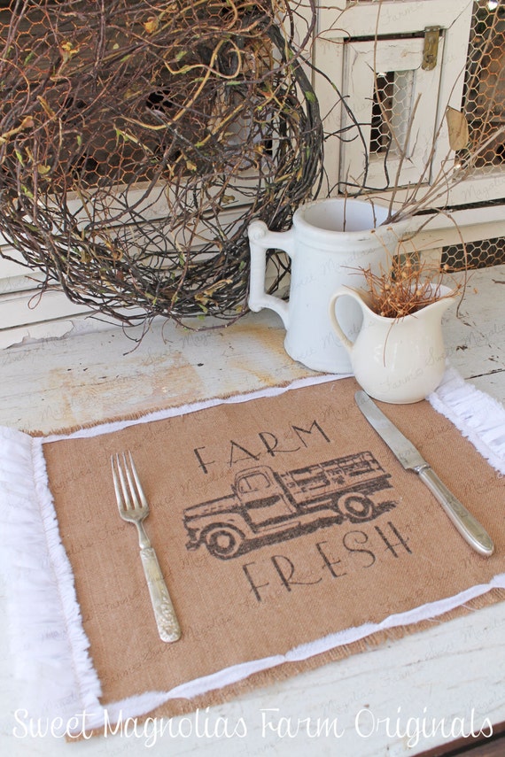Items similar to Burlap Table Placemats "Farm Fresh" Vintage Truck