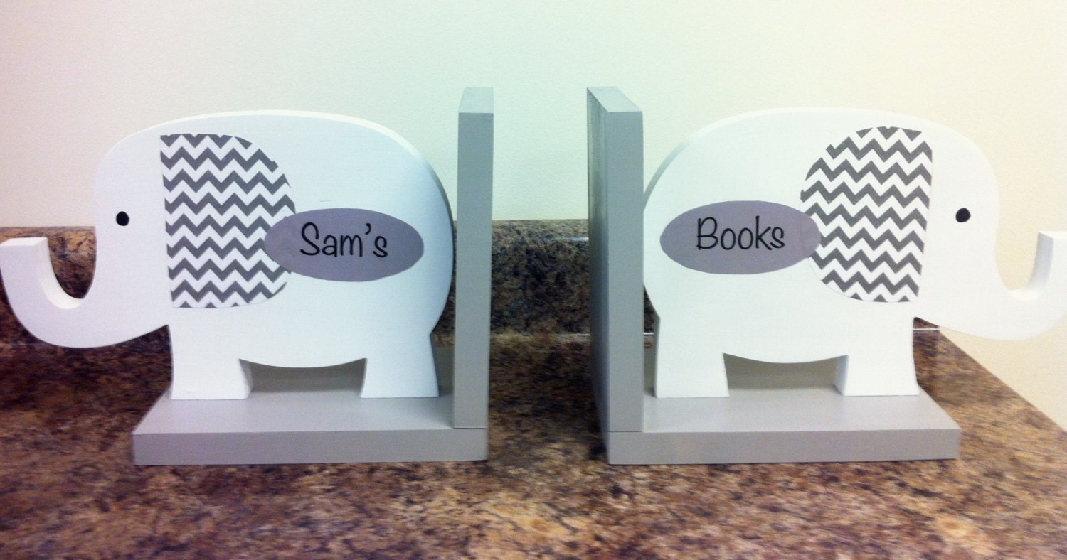 Elephant bookends nursery decor bookends for kids gray and