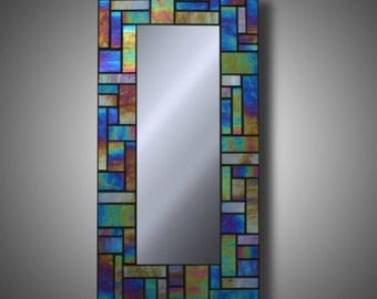 Iridescent Stained Glass Mosaic Mirror - Kokomo Glass 8" x 16" - Modern Home Decor - Accent Mirror - Iridescent Glass - by DeMaris Gaunt