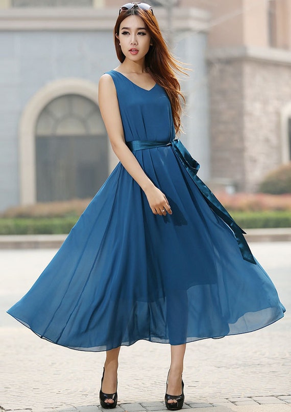 Blue dress woman chiffon dress custom made party dress by xiaolizi
