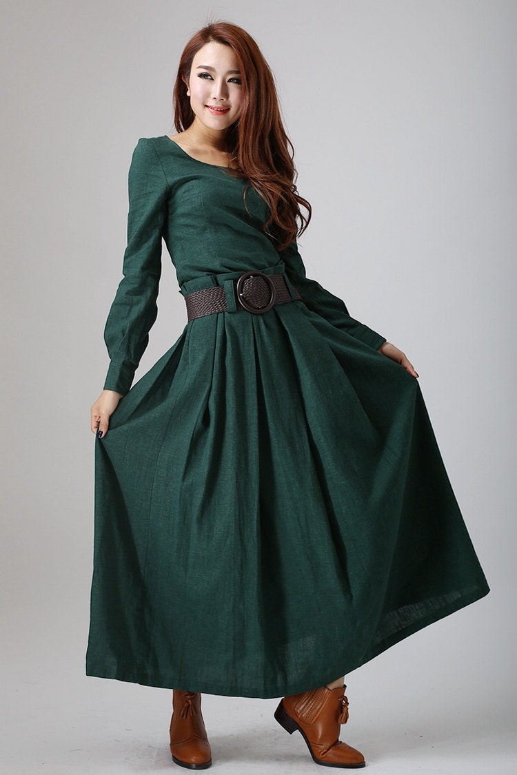 Green Dress Maxi linen dress Long dress long sleeve dress