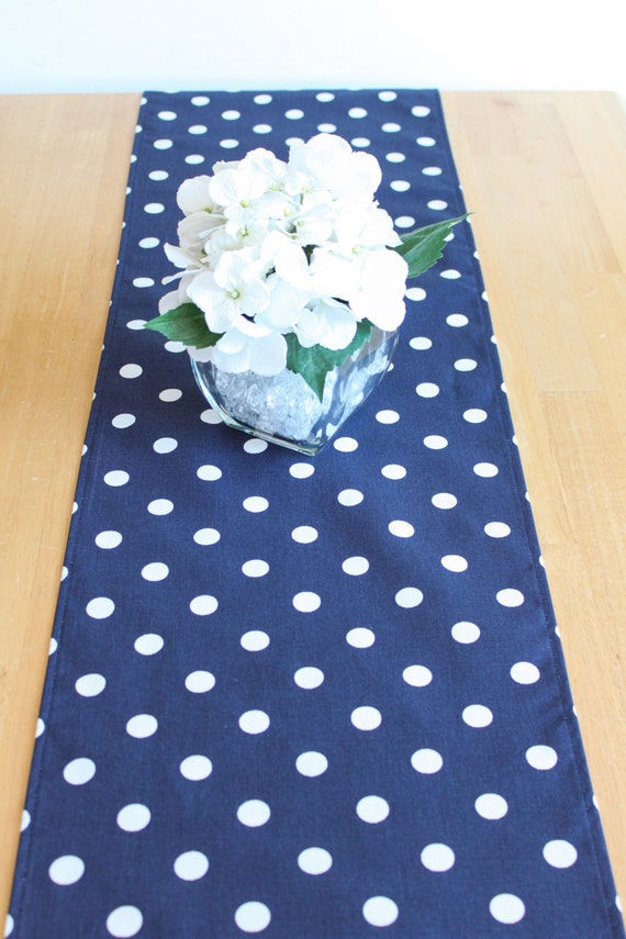 Navy blue with white polka dot table runner by ReneeAlanDesigns