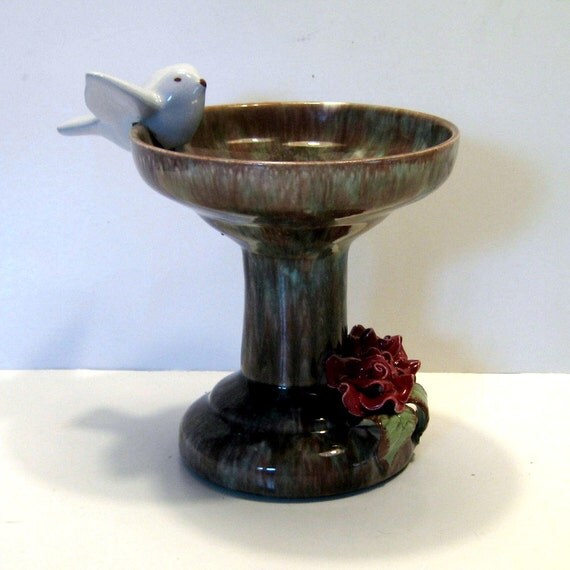 Bird Bath Vintage Pottery Bird Bath Decoration by flabbyrabbit