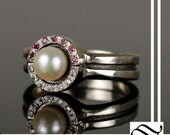 Two Part Pokeball Ring Set - Pearl, ruby and diamond in 14k white gold - wedding set - engagement ring and wedding band
