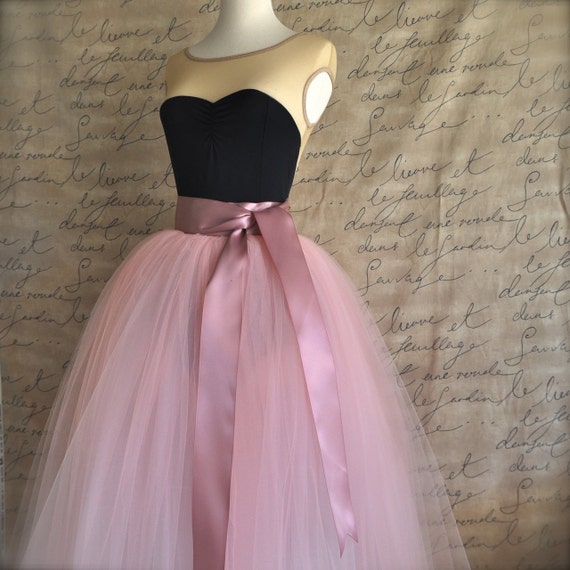 Full length sewn unlined tulle skirt. Dusty rose pink high