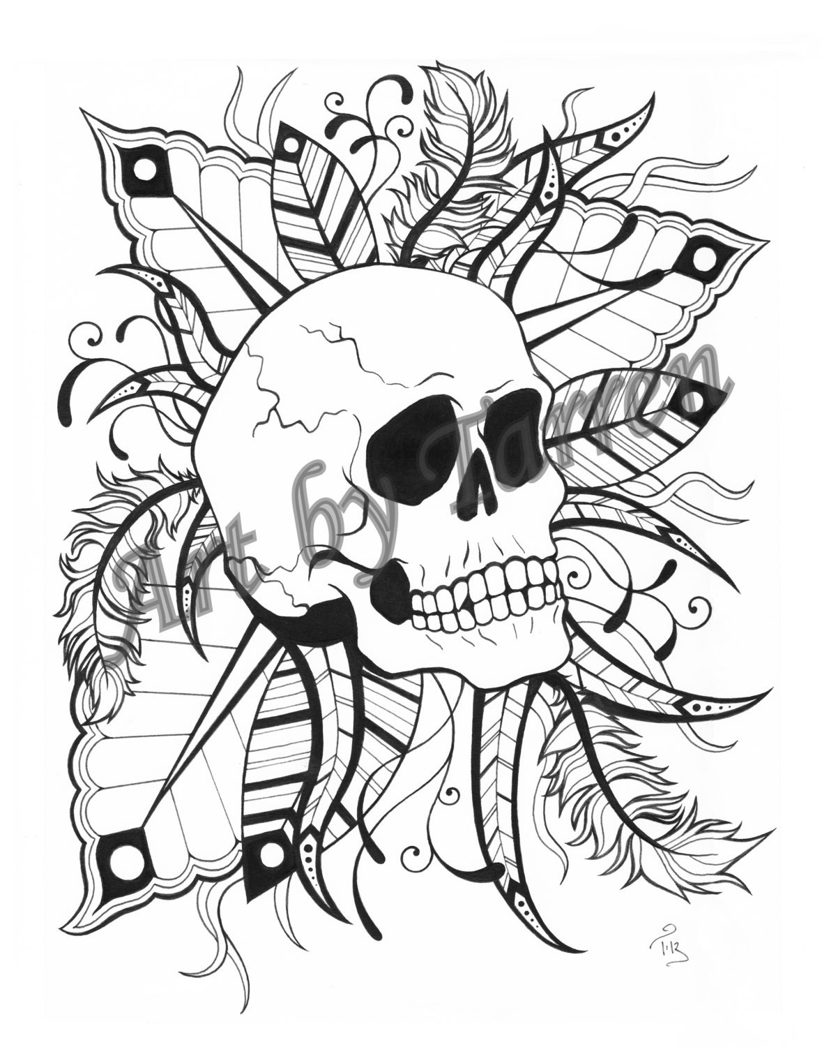 Skull & Feathers Printable Coloring Page Art by Tarren