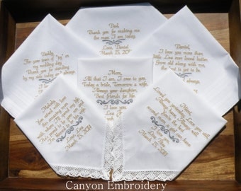 Embroidered Wedding Handkerchiefs, Embroidered, Wedding Gifts, Set of Six 6 Embroidered Handkerchiefs, Wedding, Parents, Canyon Embroidery