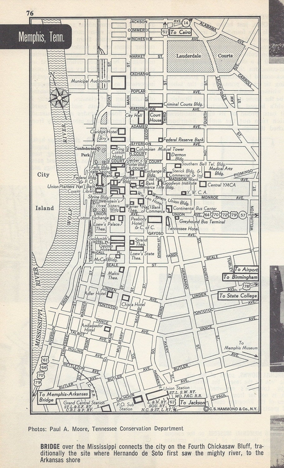 Memphis Tennessee Map City Map Street Map 1950s Black and