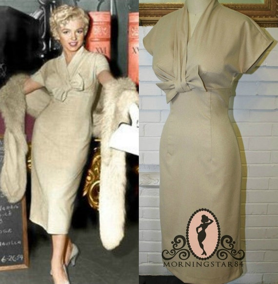 Pinup Beige Wiggle Dress Work Dress Bow by Morningstar84 on Etsy