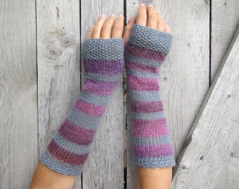 Long Fingerless Gloves, Arm Warmers, Womens Hand Gloves, Fingerless Mittens, Stripes Knit Gloves, Wrist Warmers, Grey, Purple Mitts, SALE
