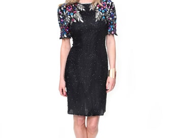 Freya, Vintage, 1970s Black Beaded, Silver Sequin, Party Dress with Cut-Out Back, from Paris