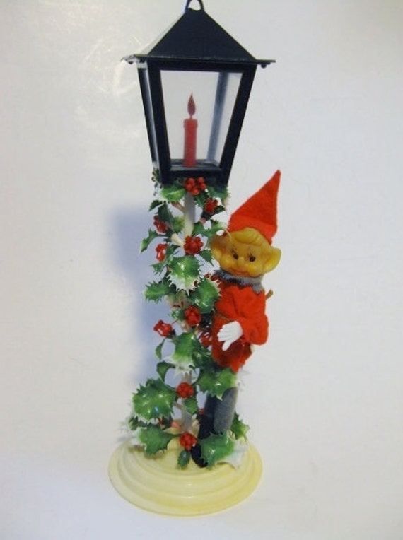 Vintage PIXIE ELF Holding Lamp Post. Vintage Elf Pixie.