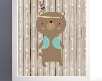 Tribal Nursery Forest Woodland Kids Room Bear Feather Art Print more colors available