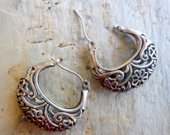 Sterling Silver Earrings, Silver Filigree Hoops, Flowers Hoops Earrings, Silver Filigree Earrings, Hook Hoops Earrings, Silver Hoops - EF438