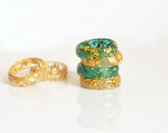 Stacking rings, golden and teal faceted ring, eco resin jewelry, resin ring minimalist jewelry gold flakes