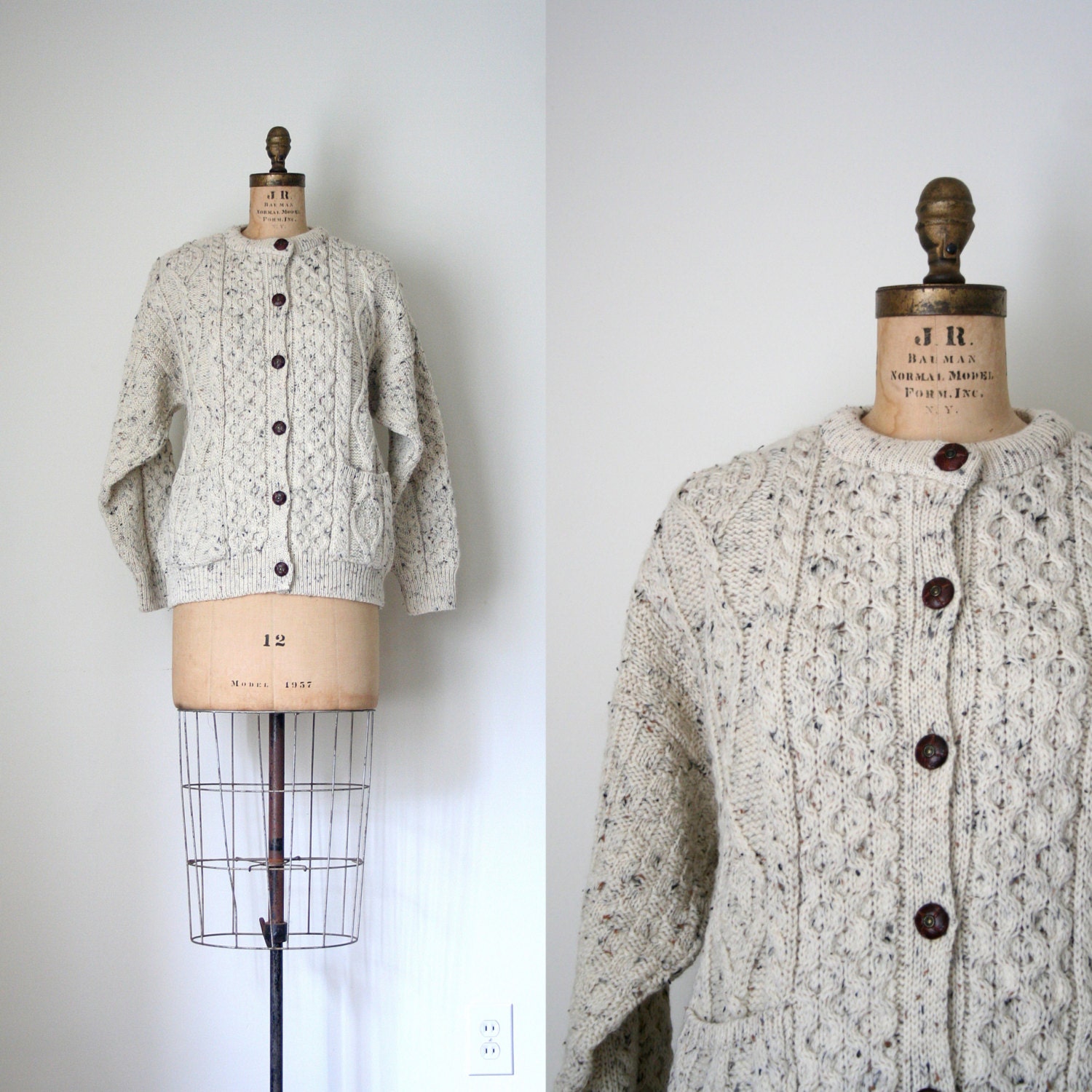 oatmeal cable knit cardigan sweater / Irish Fisherman wool