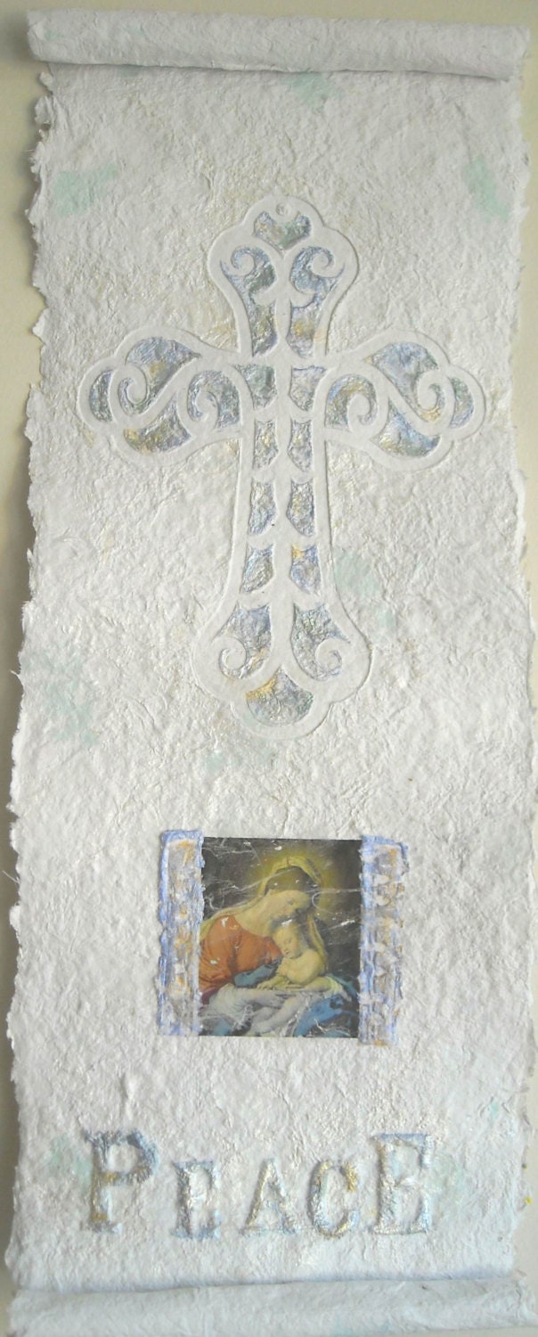 Jesus and Mary Christian Christmas Decor, Nativity Art Gift, Peace Baptism Gift Inspirational Words White Original Art Handmade Paper Scroll