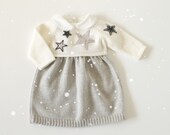knit baby set. Sweater and skirt. Gray and off white. Merino wool. Felt stars. READY TO SHIP size newborn.