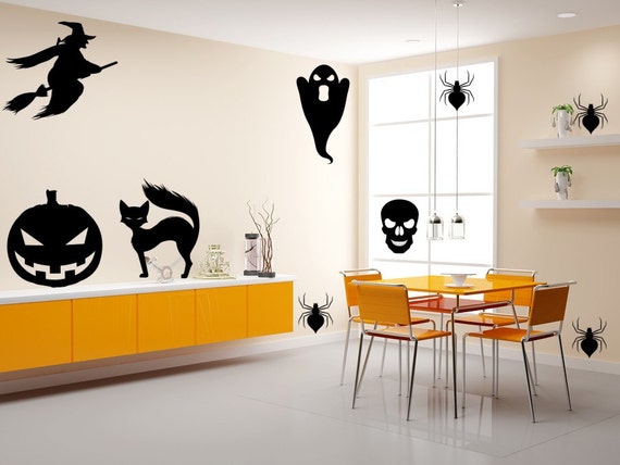 Witches Ghosts Black Cats Spiders and Skulls Halloween Decals Halloween Decor Stickers