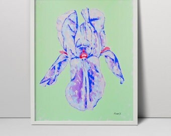 Original Serigraph Blue Irise Screen Print Hand Printed 15" silkscreen printing fine art painting floral flowers still life nature limited