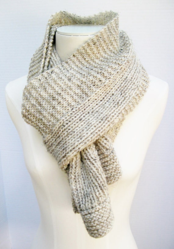 Wool simple rib garter stitch scarf hand knit oatmeal tweed