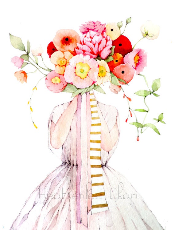 Download White Dress and Summer Bouquet Art Watercolor Painting Print