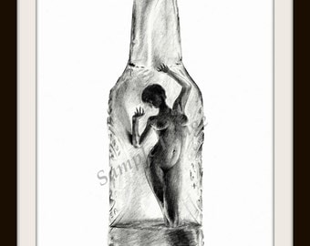 Drinking to remember - Nude Erotic LARGE A4 A3 or A2 Ltd Ed'n Print of pencil drawing of naked female from Russellart.