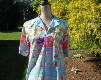 Vintage Floral House Dress Mumu Hostess Gown Maxi Dress Striped Floral Beach Cover Up Dress Housecoat Full Length Robe Sleepwear