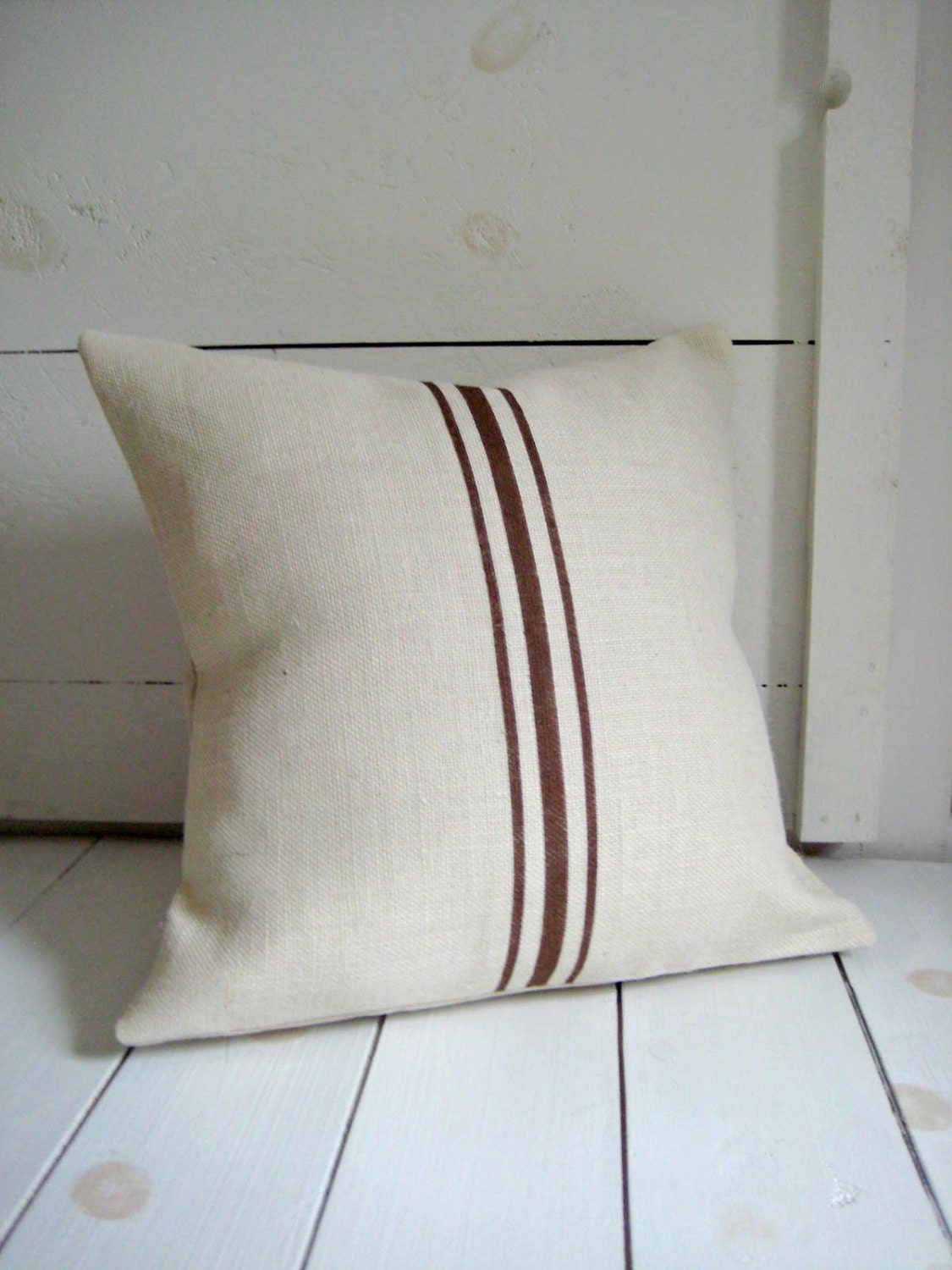 Brown Grainsack Striped Pillow / Brown Burlap Pillow / Cottage