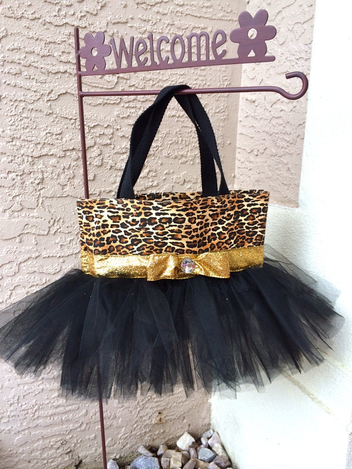 Leopard Tutu Bag with Black Tulle and Sparkly Gold Ribbon