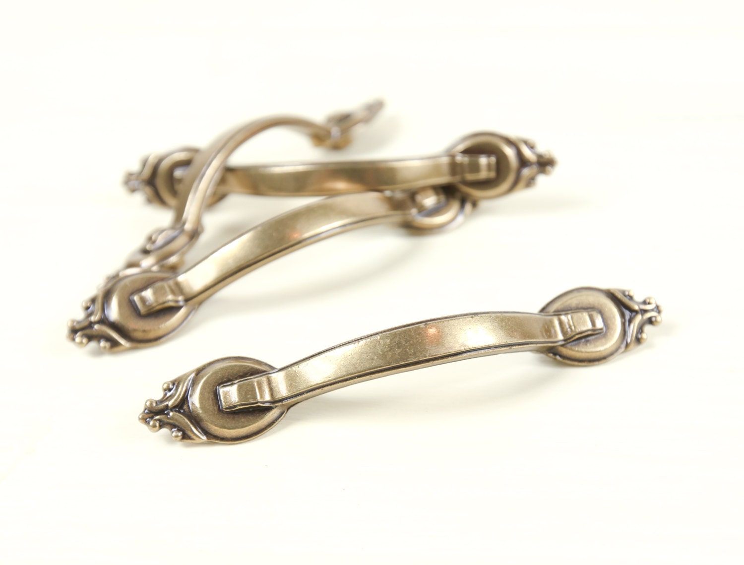 Vintage Brass Curved Drawer, handles w/ ornate de fleur ends