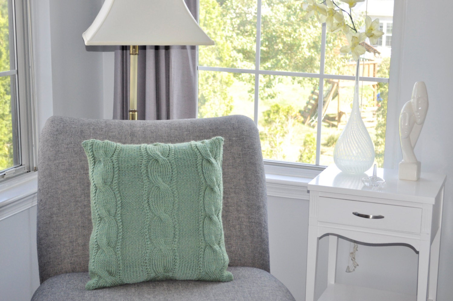 Light Green Pillow Case 20X20 Square Pillow Knit Pillow Cable