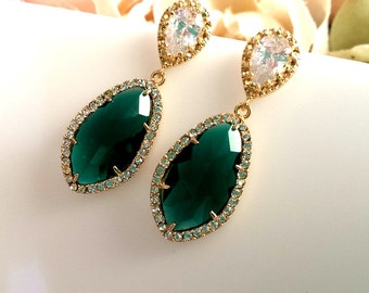 Emerald Earrings, Gold earrings, CZ Earrings,Wedding Jewelry, Bridesmaid Gift, Bridal, Drop, Dangle, Stud Earrings, Christmas Gift