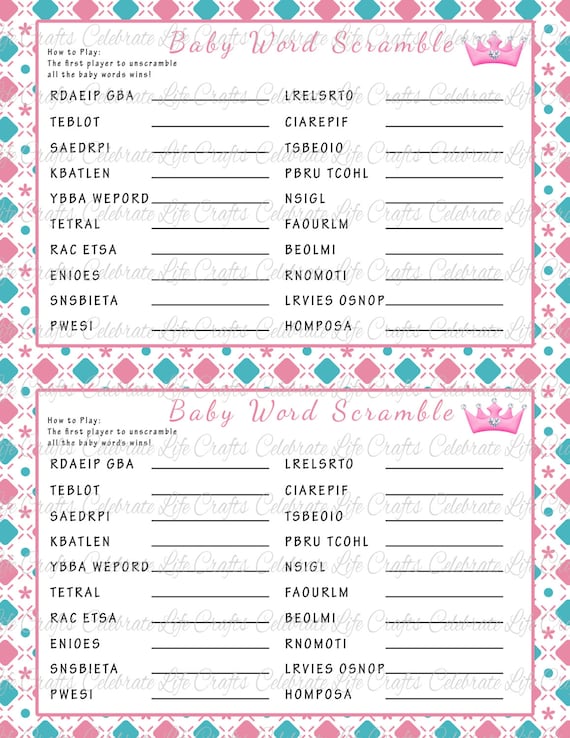 397 New baby shower game answer key 796 Baby Shower Word Scramble Game   Printable Baby Shower Games   Pink   