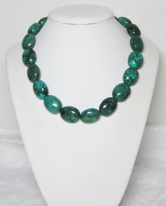 Turquoise Necklace Dark Blue Green Large Beads Single by LuvaBead