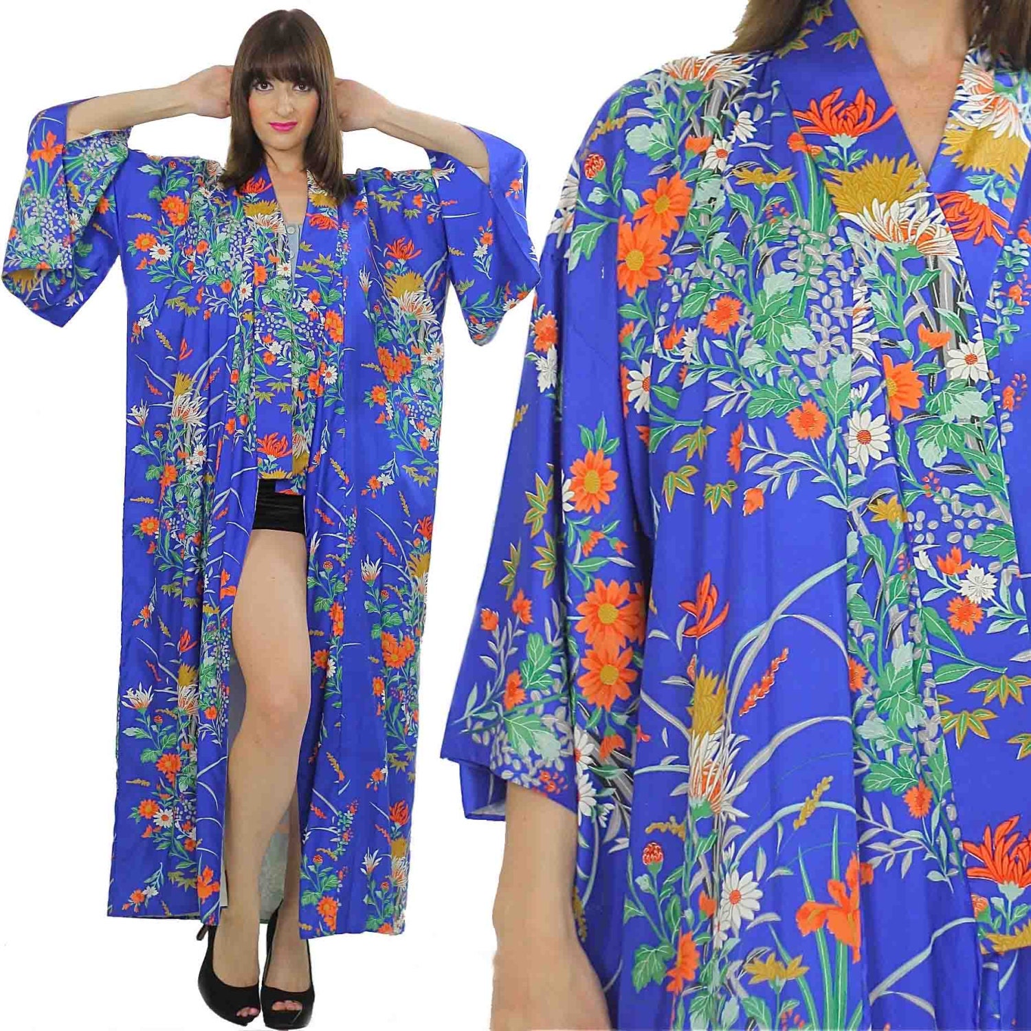 Kimono Robe Asian Floral Blue Robe Long robe by SHABBYBABEVINTAGE