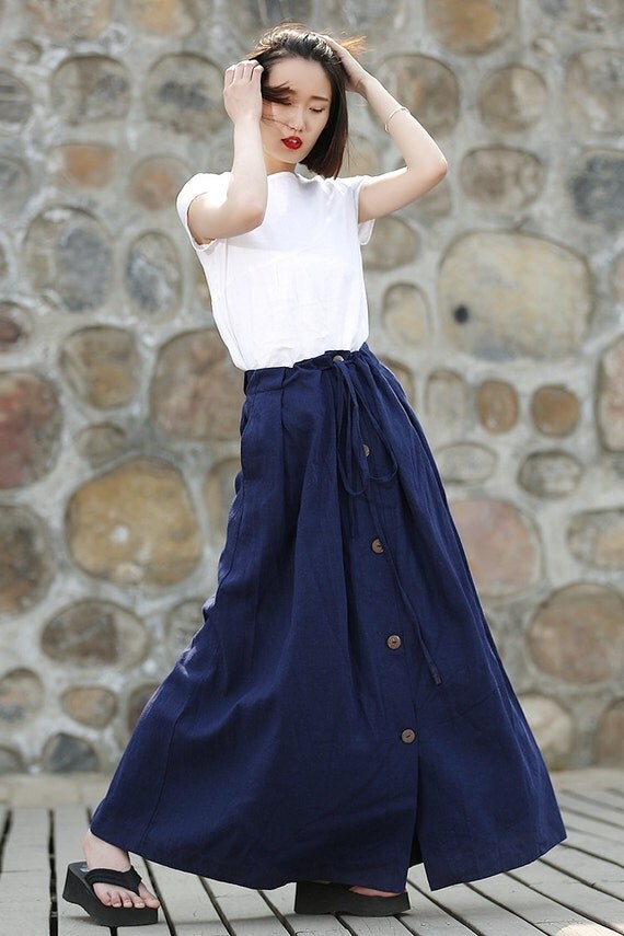 Blue Linen Skirt Casual Everyday Maxi Length Long Buttoned