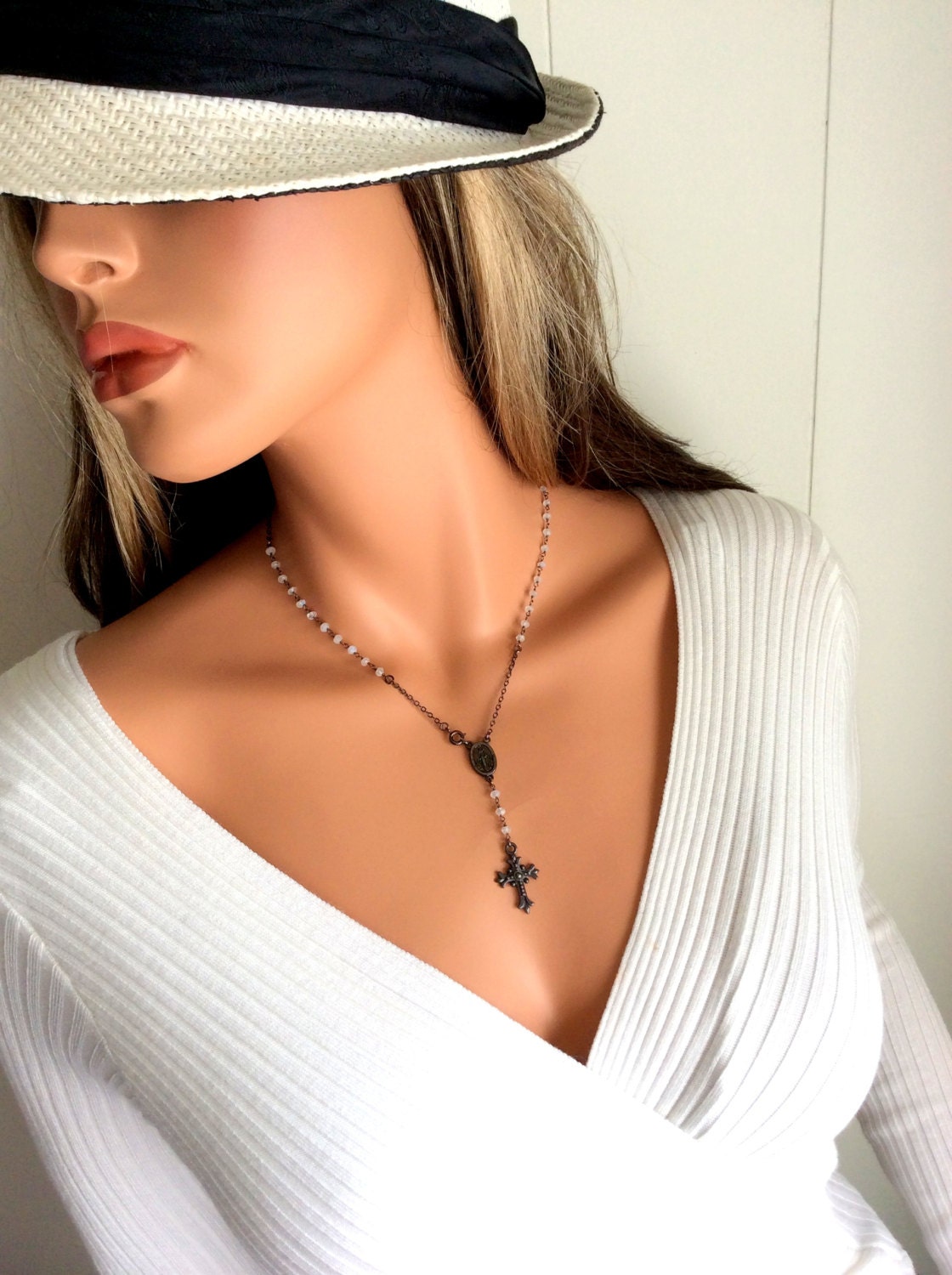 Black Rosary Necklace Moonstone Gemstones by divinitycollection