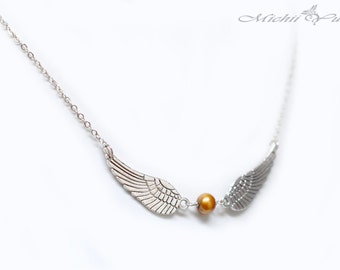 Harry Potter inspired golden snitch necklace - Silver - Freshwater Pearl