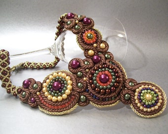 Soutache Beadwork Olivine Chocolate Mustard Pearl Bib Necklace Collar Choker