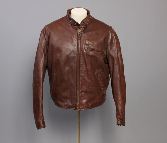 80s SCOTT LEATHER JACKET / Brown Cafe Racer Motorcycle Jacket