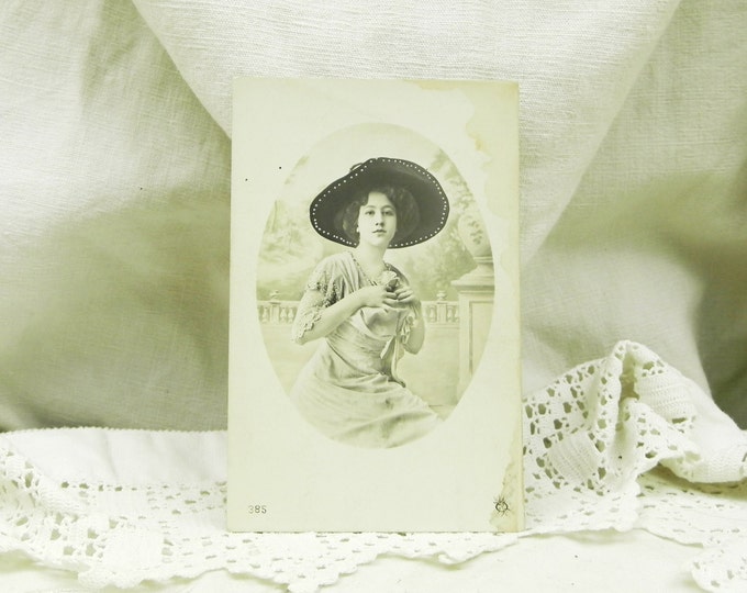 Antique French Studio Portrait Photograph Postcard / French Decor / Shabby Chic / Retro Vintage Home Interior / Young Woman / European